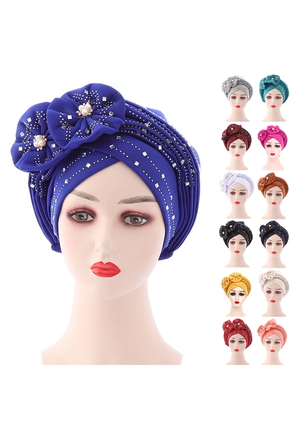Soft African Head Wrap Flower Beanie Cap Headwear Stretch Rhinestones Turban for Women and Girls