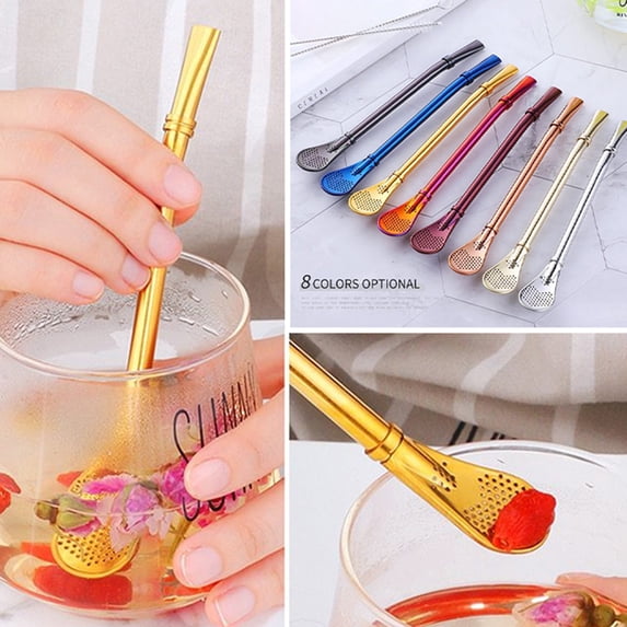 Ludlz Straw Filter Spoon 304 Stainless Steel Food Grade 2 in 1 Long Handle Reusable Filtering Heavy Duty Milk Tea Coffee Straw Spoon Kitchen Supplies