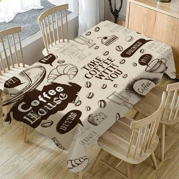 Ludlz Table Cover Waterproof Wrinkle Free Flax Coffee Pattern Printed Vintage Versatile Table Linen for Home
