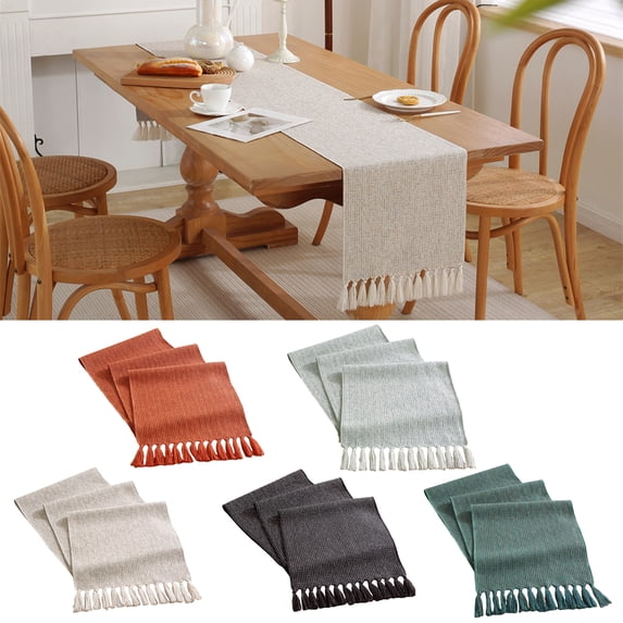 Ludlz Table Runner Solid Color Tassel Design Wear Resistant Fine Texture Lint Free Decorative Tablecloth Dinning Room Table Runner Kitchen Supplies