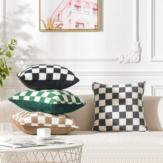 Ludlz Throw Pillow Case Ultra Soft Home Decoration Short Plush Checkerboard Plaid Sofa Pillow Cushion Cover Home Supplies
