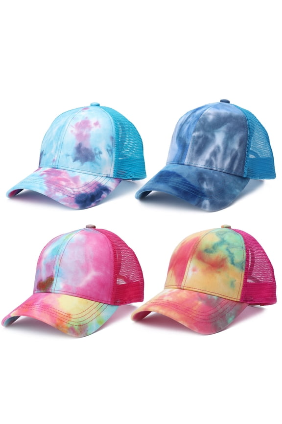 Unisex Baseball Cap, Tie Dye Distressed Messy Bun Criss Cross Baseball Hats Hat Trucker Mesh Sun Hat