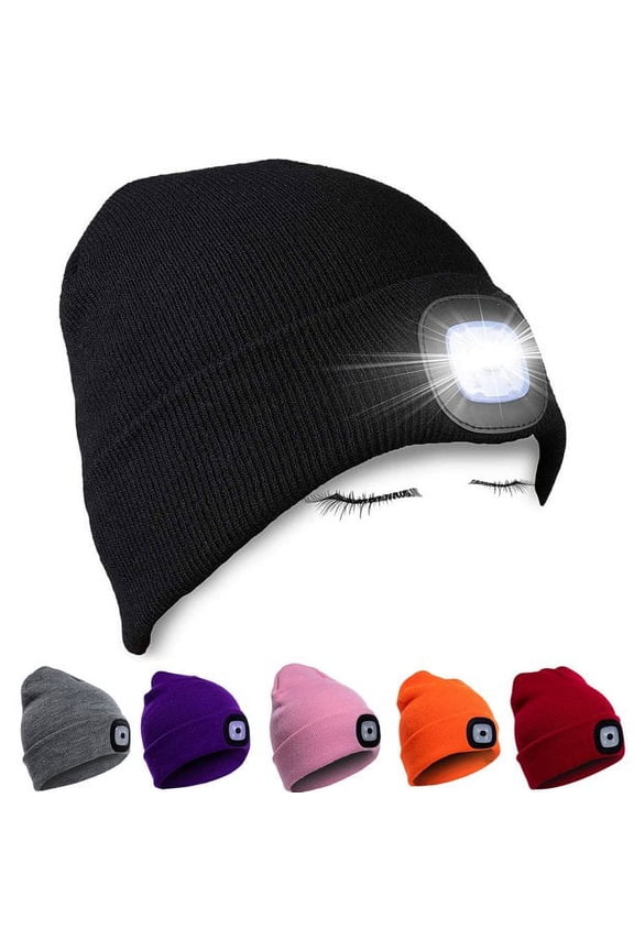 Ludlz Unisex LED Lighted Beanie Cap, Hands Free 4 LED Headlamp Cap, Warm Winter Knitted Hat with LED Flashlight for Hiking, Biking, Camping