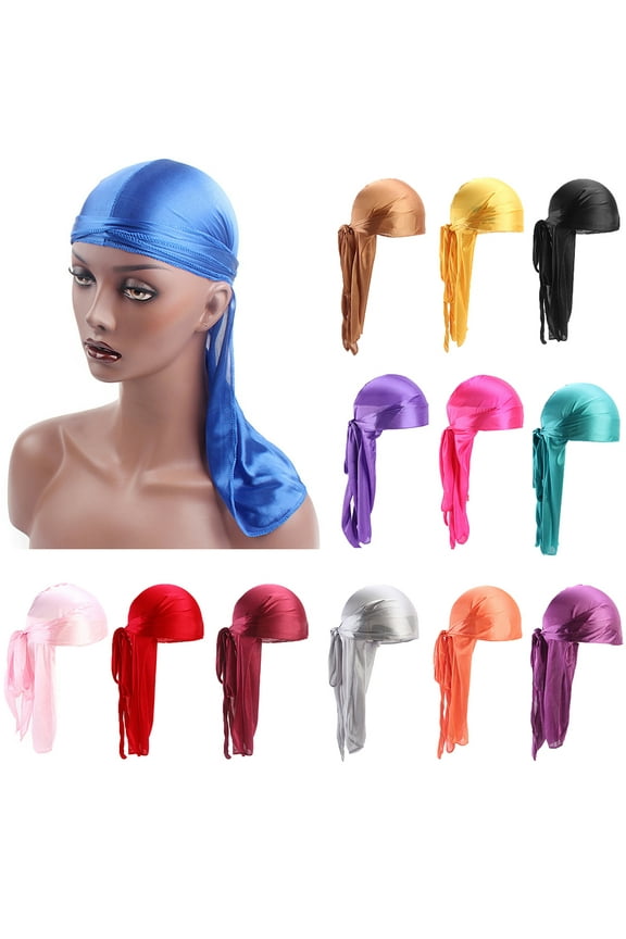 Unisex Silk Head Wrap Durag Long Tail Beanies Du-Rag Pirate Cap, Black