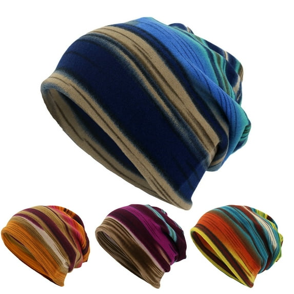Ludlz Unisex Winter 2 in 1 Striped Print Double Layer Neck Scarf Beanie Cap Turban Hat