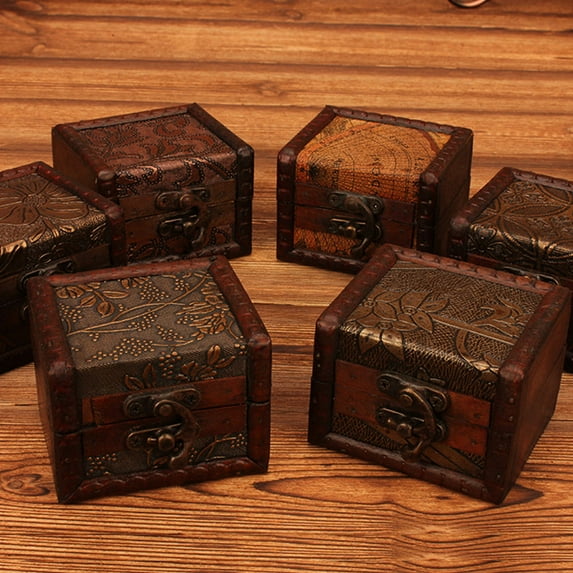 Ludlz Vintage Small Wooden Lock Jewelry Holder Storage Necklace Bracelet Gift Box Case Vintage Small Wood Flower Coin Pattern Box Jewelry Bracelet Storage Holder Case