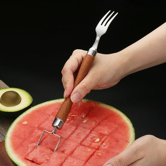 Ludlz Watermelon Slicer Fork 2-in-1 Cutter Stainless Steel Cutting Tool Quickly Safe Melon Fruit Serving Tool Portable Kitchen Gadget