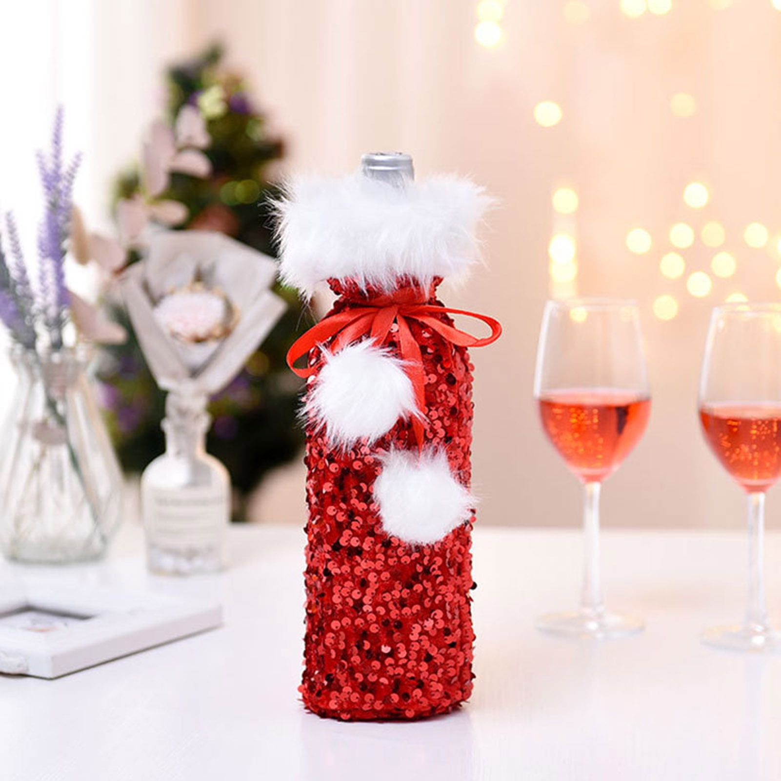Ludlz Wine Bottle Covers Sequins Bow Decorative Portable