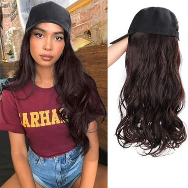 Ludlz Women Baseball Cap Wigs,Baseball Cap with 24in Hair Synthetic Hat Wigs for Women Baseball Cap with Hair Black Hat Wig Daily Party