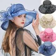 Windfall Women Kentucky Derby Church Hat Organza Flower Wide Brim Fascinator Hats for Wedding Tea Party