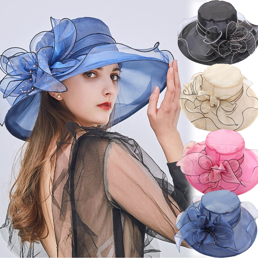 Ludlz Women Kentucky Derby Church Hat Organza Flower Wide Brim Fascinator Hats for Wedding Tea Party