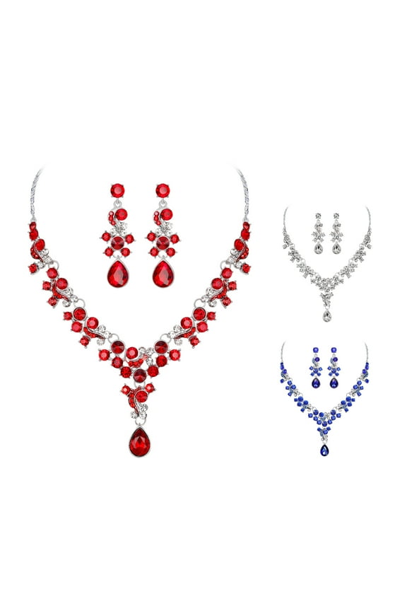 Women Prom Wedding Bridal Faux Crystal Rhinestone Necklace Earrings Jewelry Set