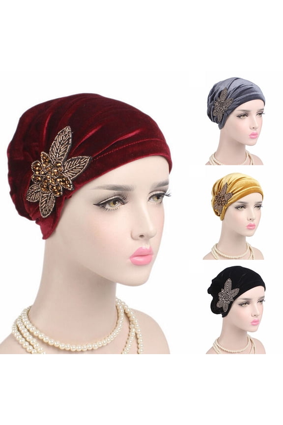 Women's Elegant Soft Velvet Turban Beanie with Beaded Flower Hat Chemo Cap Liner for Cancer Hair Loss Ladies