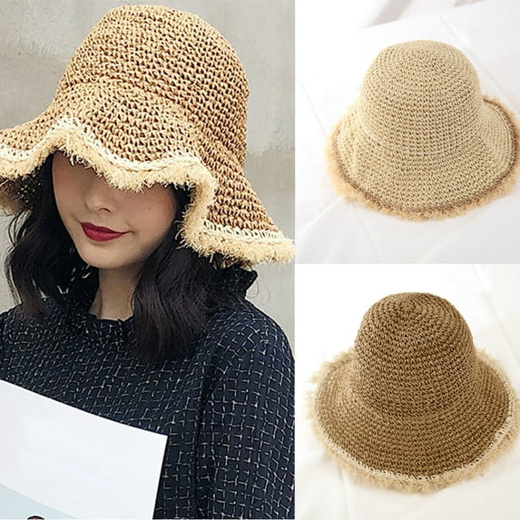 Ludlz Womens Straw Hat Wide Wavy Brim Sunscreen Beach Cap Sunhat Summer Hats UV Protection UPF50+