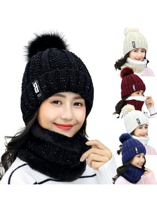 Spencer 2Pcs Kids Winter Beanie Hat and Scarf Set Warm Knitted Fleece Lined  Ski Pom Pom Cap for Boys Girls Pink