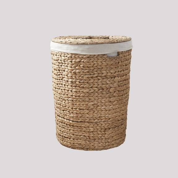 Ludmilla Round Tall Water Hyacinth Woven Wicker Laundry Hamper with Lid 18" x 18" x 23" Natural Brown