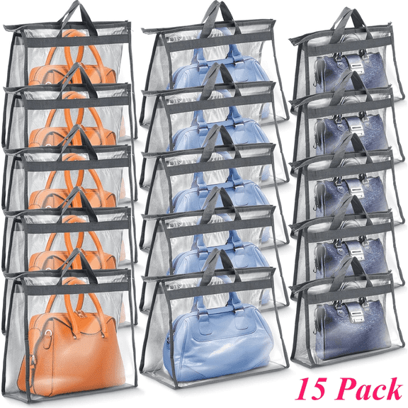 Ludolm 15 Pieces Purse Dust Bags for Storage Dust Bags for Handbags, 3 Sizes Storage Clear Cover Organizer Purses with Zipper and Handles for Handbags Closet, 5 Each Size(Gray)