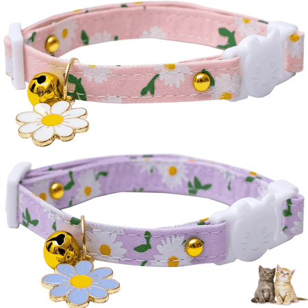 Ludolm 2 Pack Cotton Breakaway Cat Collars with Bell Flower Pendant Kitty Kitten Collars Pink Purple Collar for Female Girl Cats Male Boy Cats