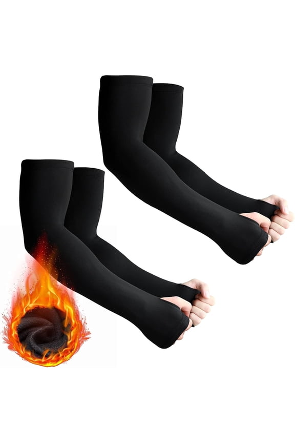 Ludolm 2 Pairs Arm Sleeves Warmer Cycling Thermal Warmer Sleeves Arm Winter Cover with Thumb Holes for Men Women