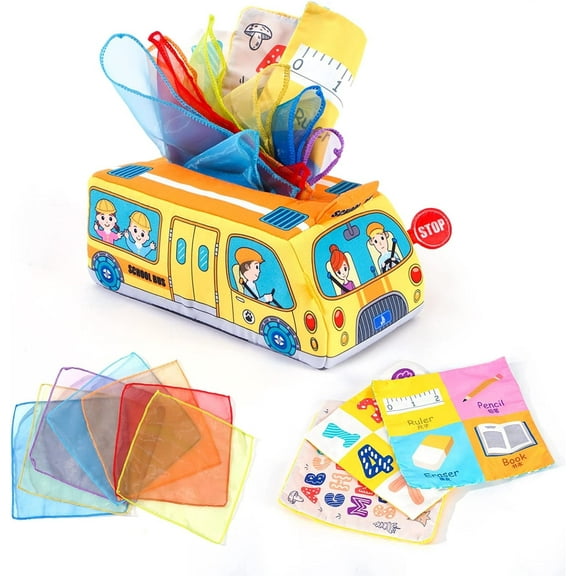 Ludolm Baby Easter Basket Stuffers Tissue Box Toy, Baby Montessori Sensory Toys with Crinkle Paper Colorful Soft Scarf for 0-3-6-9-12 Months Infants Newborns Easter Gift(School Bus)