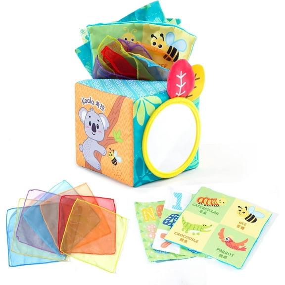 Ludolm Baby Square Tissue Box Toy, Baby Sensory Toys Musical Toys Montessori Toys Crinkle Toys Colorful Soft Scarf Box for 6 9 12 Months Toddlers Infants Newborns Gift(Farm)