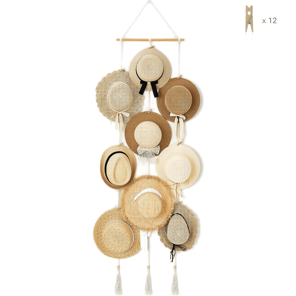 Ludolm Hat Rack Hat Hangers for Wall Boho Caps Storage Display Organizer with Decorative Tassels Modern Cowboy Womens Hat Display Holder for Wide Brim Bowler Baseball Caps with 12 x Wooden Clips