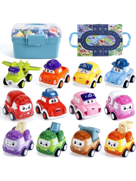 Mini Car Toys for 1 Year Old Boy Gifts, 12 Sets Pull-Back Trucks with Playmat/Storage Box for Toddlers Age 1-2, Baby Toys 12-18 Months, 1st Christmas Birthday Gifts for One Year Olds