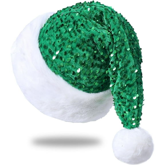 Ludolm Sequin Santa Hat for Adults with Shiny Sequin and Fluffy Pompom, Party Hat for New Year Xmas Festival