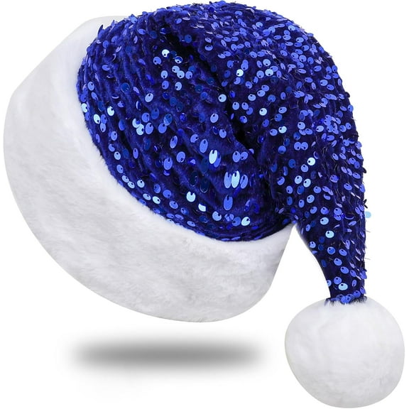 Ludolm Sequin Santa Hat for Adults with Shiny Sequin and Fluffy Pompom, Party Hat for New Year Xmas Festival