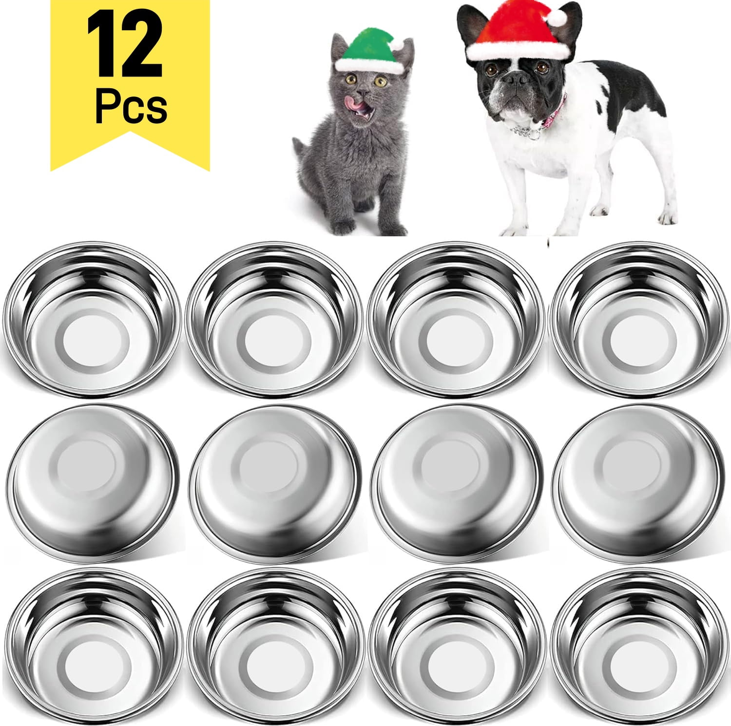 Ludolm Stainless Steel Cat Bowls 12 PCS, 5.6 Inch Metal Cat Bowls, Replacement Elevated Food Water Dishes for Indoor Kitten, Whisker Fatigue Relief Shallow Food Metal Dish for Stray Cats