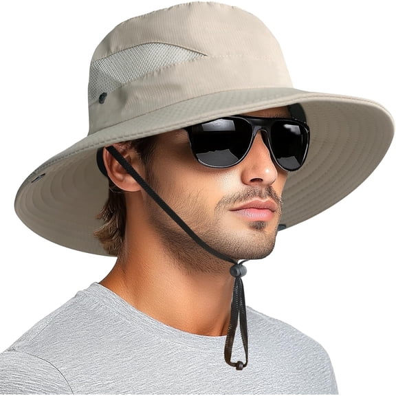 Ludolm Sun Bucket Beach Hats for Men Women 3” Wide Brim UPF 50+ Fishing & Beach Hat,Beige