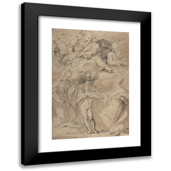 Ludovico Lana 17x24 Black Modern Framed Museum Art Print Titled - Allegory of Religion; God the Father Above, Faith, Hope, and Charity Below (1597-1646)
