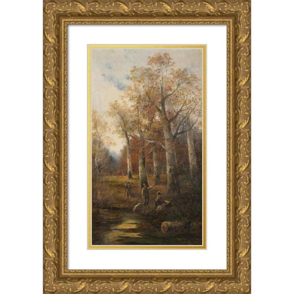 Ludvík Barták 10x14 Gold Ornate Wood Frame and Double Matted Museum Art Print Titled - Autumn Landscape with Hunters