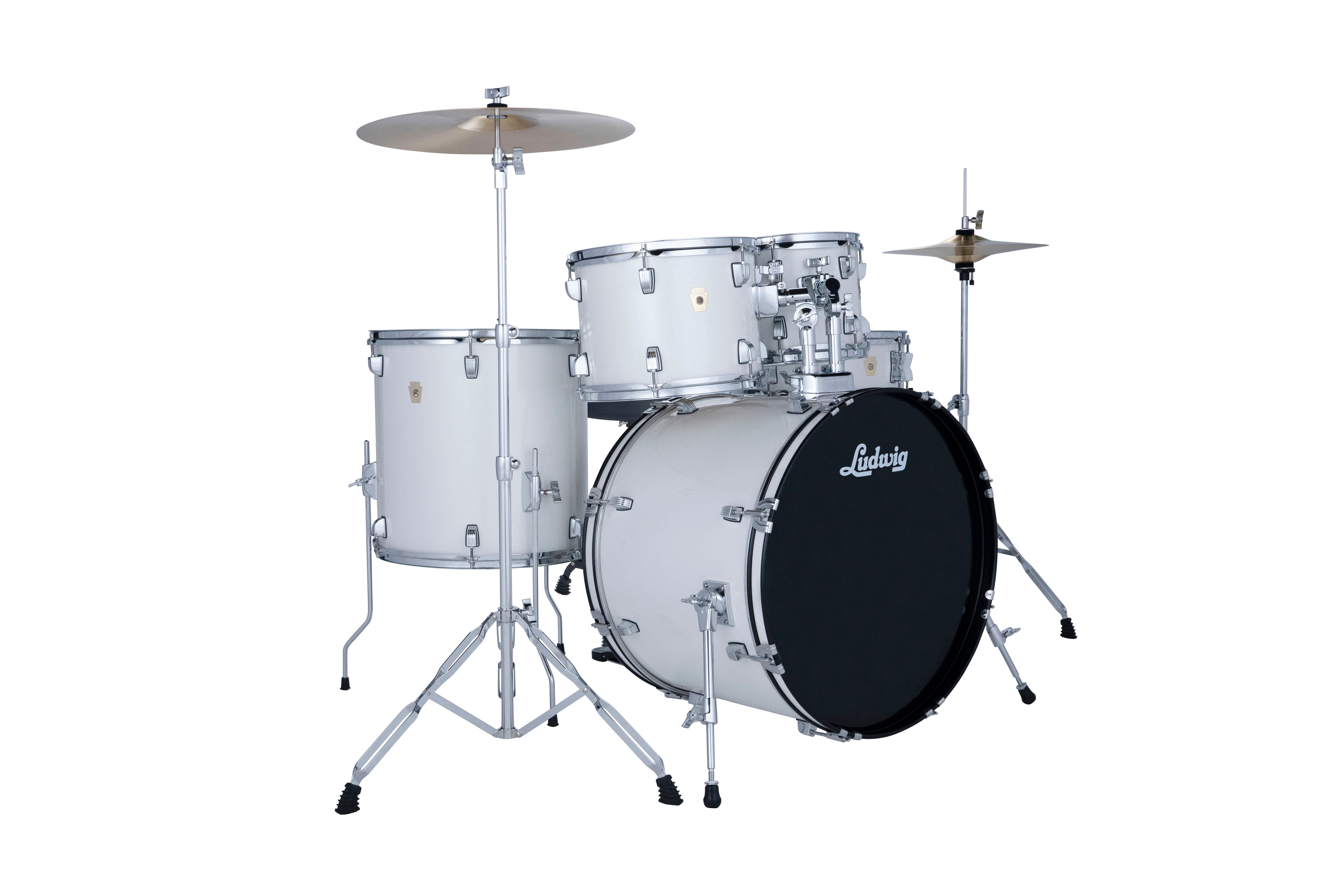 Ludwig Accent Drive 5PC Drum Set W/Hardware & Wuhan Cymbals, 22" Bass Drum, Snow Dust