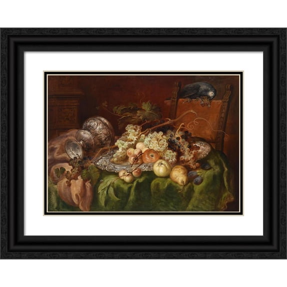 Ludwig Adam Kunz 18x14 Black Ornate Wood Framed Double Matted Museum Art Print Titled - Fruit Tire Life with Parrot