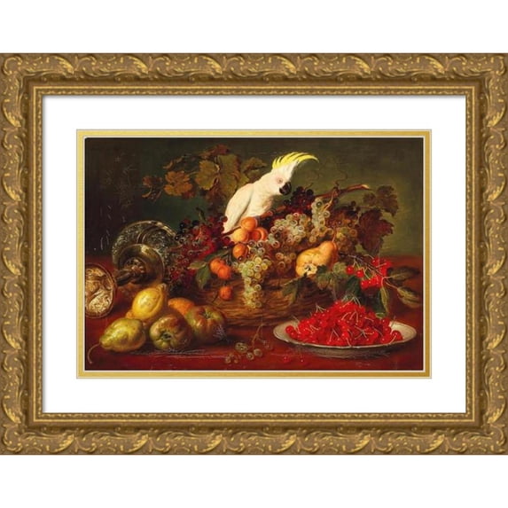 Ludwig Adam Kunz 18x14 Gold Ornate Wood Frame and Double Matted Museum Art Print Titled - Large Still Life with Cockatoo