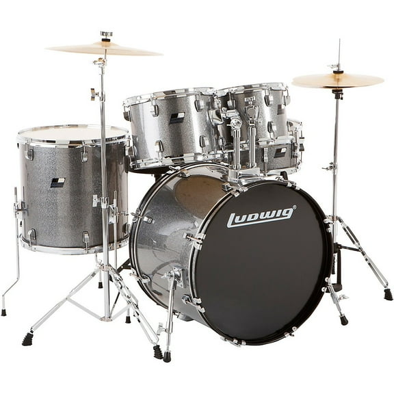 Ludwig Backbeat Complete 5-Piece Drum Set with Hardware and Cymbals, Metallic Silver Sparkle