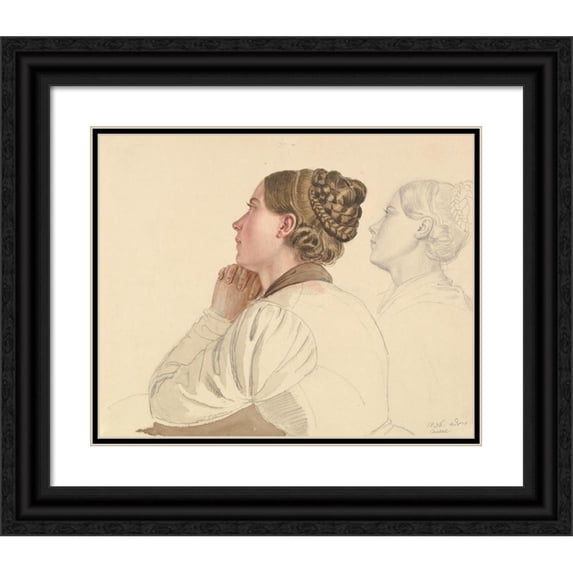 Ludwig Emil Grimm 14x12 Black Ornate Wood Framed Double Matted Museum Art Print Titled: Studies of a Woman Praying (Early to Mid-19th Century)