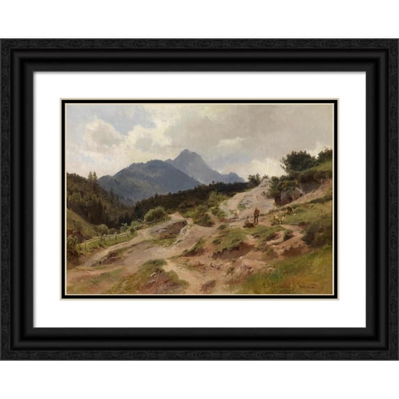 Ludwig Halauska 14x11 Black Ornate Wood Framed Double Matted Museum Art Print Titled: Party from Mittenwald Am Karwendel Mountains (1864)