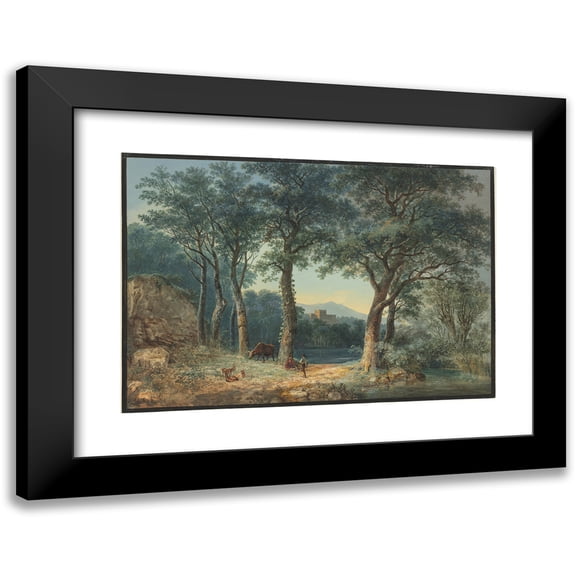 Ludwig Hess 14x11 Black Modern Framed Museum Art Print Titled - A Wooded Lakeside with an Italianate Villa (1796)
