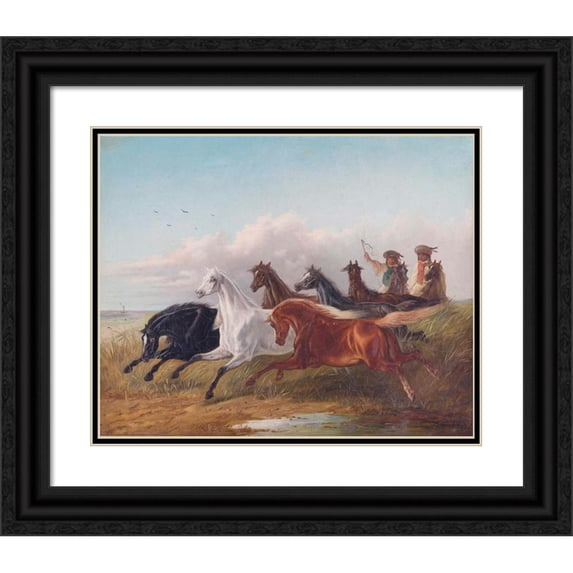 Ludwig Kübler 18x15 Black Ornate Wood Framed Double Matted Museum Art Print Titled - Two Young Hungarian Riders Drive Wild Horses in the Puszta in Front of Them