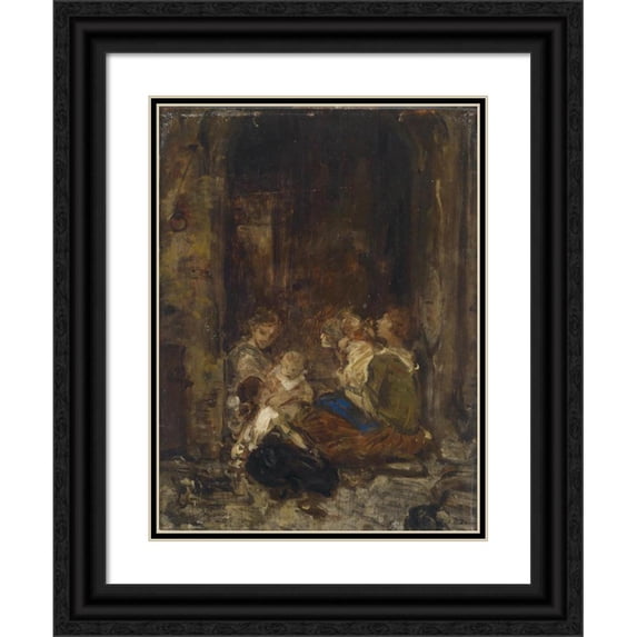 Ludwig Knaus 15x18 Black Ornate Wood Framed Double Matted Museum Art Print Titled - Mother with Children Study