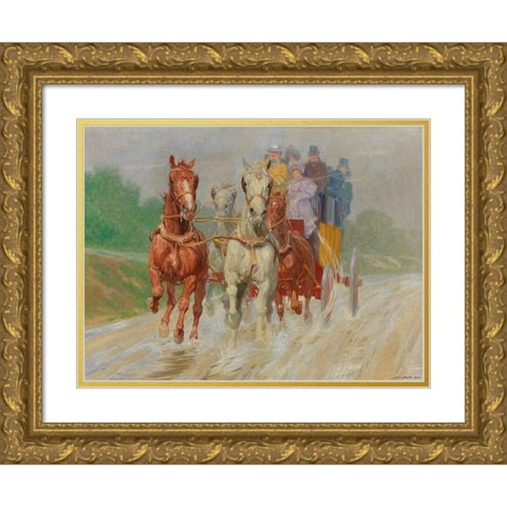 Ludwig Koch 18x15 Gold Ornate Wood Frame and Double Matted Museum Art Print Titled - Four-In-Hand Coach in Old Vienna