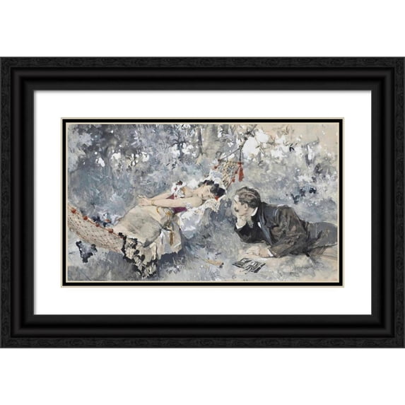 Ludwig Marold 14x10 Black Ornate Wood Framed Double Matted Museum Art Print Titled: A Lover's Tryst