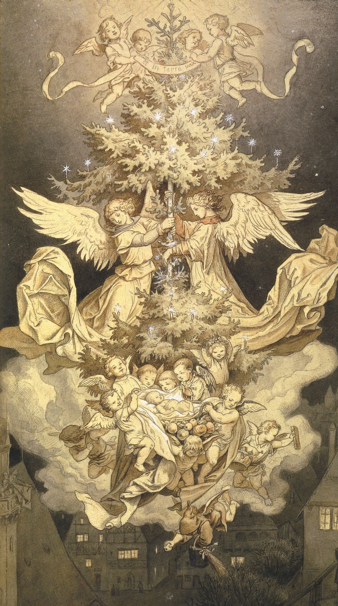 Ludwig Richter 1906 Christmas tree & angels Canvas Art - Ludwig Richter (24 x 36)