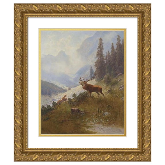 Ludwig Sckell 20x24 Gold Ornate Framed and Double Matted Museum Art Print Titled - Roaring Deer in the Mountains