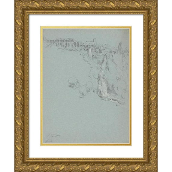 Ludwig Thiersch 15x18 Gold Ornate Wood Frame and Double Matted Museum Art Print Titled - The Waterfall at Tivoli with the Villa of Maecenas (1851)