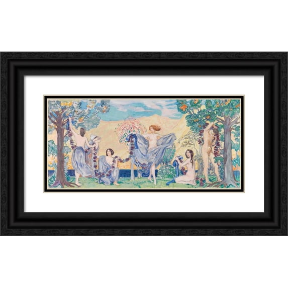 Ludwig von Hofmann 24x13 Black Ornate Framed Double Matted Museum Art Print Titled: Wreath Winds (1905)