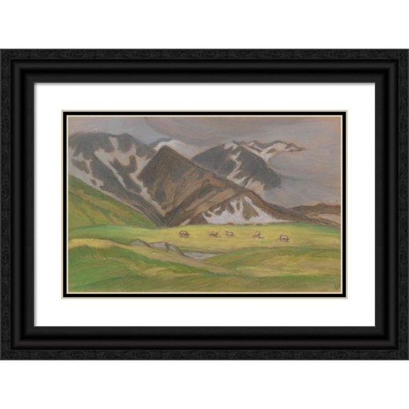 Ludwig von Hofmann 24x17 Black Ornate Framed Double Matted Museum Art Print Titled: Swiss Alpine Landscape with Grazing Cows (Approx. 1895-1899)