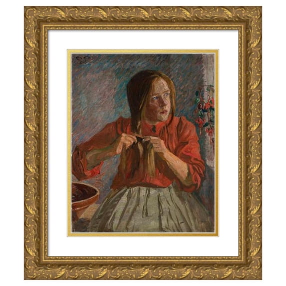 Ludwik Misky 20x24 Gold Ornate Framed and Double Matted Museum Art Print Titled - Girl Making a Braid (1916)